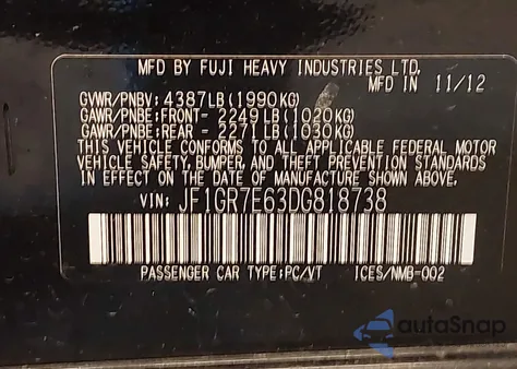 2013 Subaru Impreza Wrx z USA, uszkodzony, nr VIN JF1GR7E63DG818738